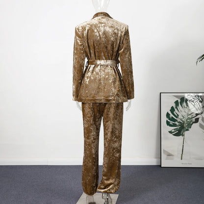 Fashion Velvet Print Lapel Belt Suit Pant Set Women Solid Lace Up Full Sleeve Blazer Wide Leg Cuffed Pants 2025 Autumn Lady Sets