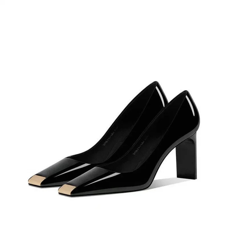 Top Layer Cowhide Women's Mid Heel High Heels White French Style Slip-On Shoes Leather Upper Simple Design Summer Shoes