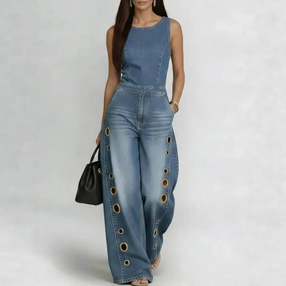 Women's Sleeveless Denim Jumpsuit High Waist Wide Leg Pants with Gold Eyelet Cutout Decor Streetwear Casual Fashion Romper - Kimlud