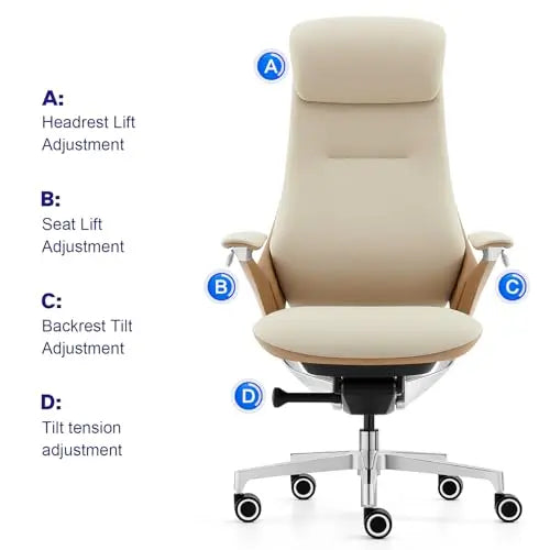 Genuine Leather Executive Office Chair，Top-Grain Cowhide, Ergonomic Design | Adjustable seat and rest heights | Kimlud...
