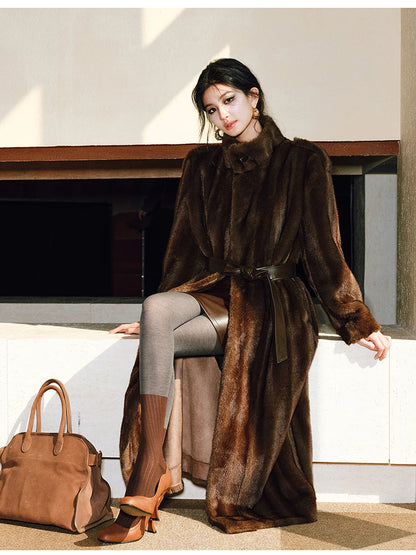 Lautaro Spring Winter Long Soft Thick Warm Brown Faux Mink Fur Coat Women Luxury High Quality Elegant Chic Fluffy Overcoat 2025