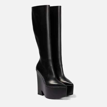 2025 New black platform knee high boots fashion Pointed toe skinny calf knee high boots Side zipper Riding boots