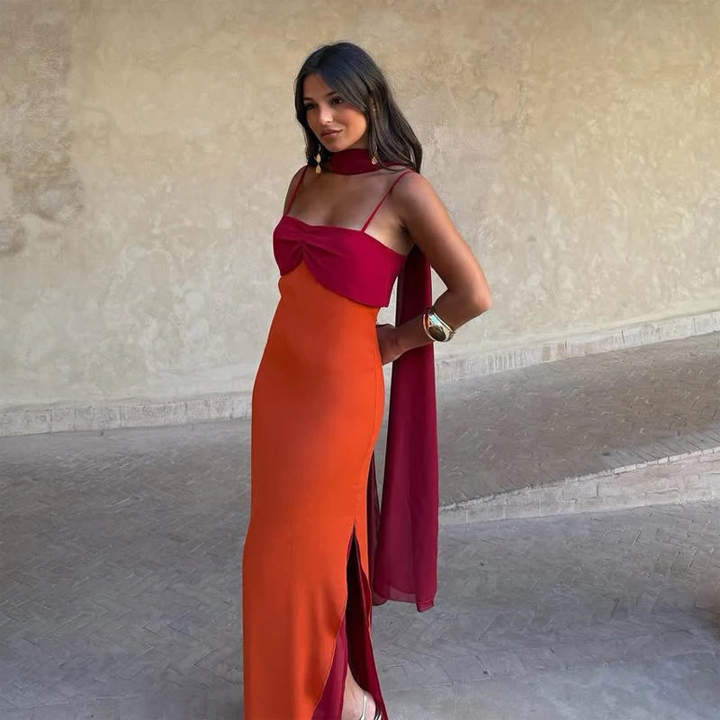 Women Color Blocking Scarf Collar Sling Dress Sexy Waist Cinching Split Bodycon Slim Fit Dresses 2026 Lady Highstreet...