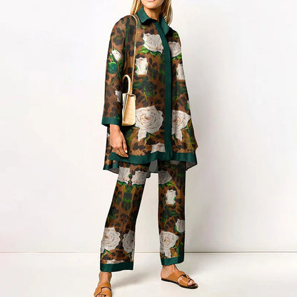 Autumn New Loose Vintage Printed Pant Sets Women Long Sleeve Shirts And Wide Legs Trousers Two Piece Set 2025 Fashion Streetwear