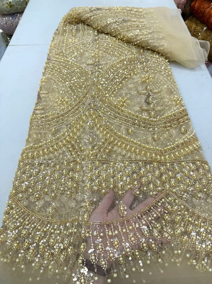 Luxury African Sequins Lace Fabric Heavy Beaded High Quality Nigerian French Groom for Sewing Wedding Party Dresses 5...