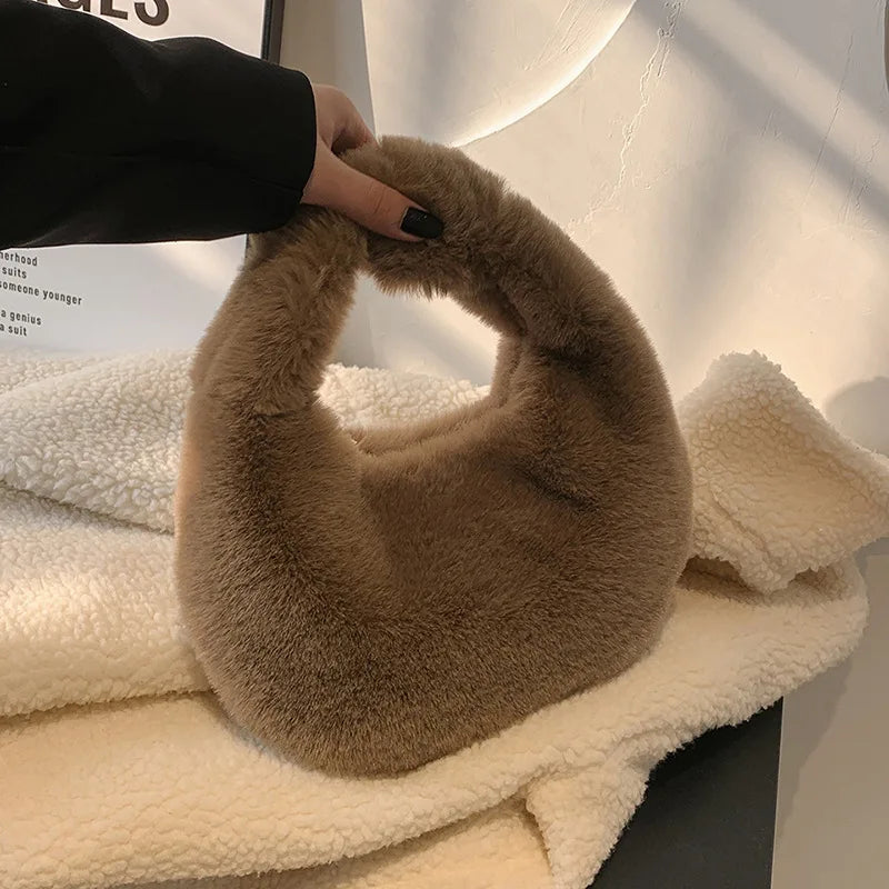 Solid Color Plush Dumpling Bag Handbag Niche Design Small Phone Bag Korean Style Tote Bag Faux Rabbit Fur Handbag Women