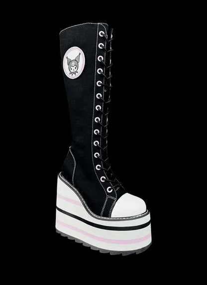 Canvas red Check Platform Knee high Boots Women Metal Chain Round Toe Wedges Cross Tied Lolita Heighten Shoes Lovely Sexy Boots