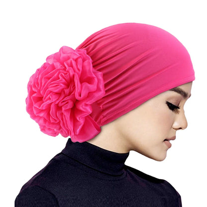 Women's Hijabs Turban Big Flower Elastic Cloth Hair Bands Hat Beanie Ladies Muslim Solid Hair Loss Scarf Cap Hair Accessories