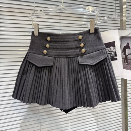 DEAT Trendy 2026 Autumn New Elegant Double Breasted Faux Woolen High-Waisted Pleated Skirt For Women A-line Skirts 11C320