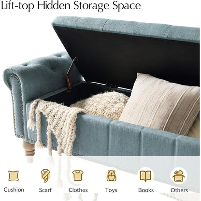Farmhouse Upholstered Storage Bench, End of Bed Bench with Vintage Button Tufted Design(Blue)