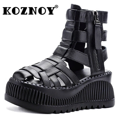 Koznoy 8cm 2025 Ethnic Weave Cow Genuine Leather Hollow Zip Summer Fashion Ankle Booties Women Chunky Heels Breathable...