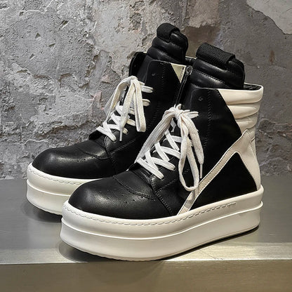 Men Black  White High Top Board Shoes Side Zipper Height Increase Anti Slip Wear-resistant Comfortable Fashionable Boots