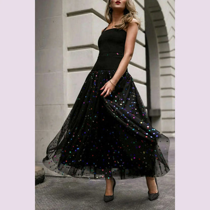 Sequin Mesh High Waist Skirt Plus Size Pleated A-Line High Street Elegant Wedding Guest Sweet Skirts 2024