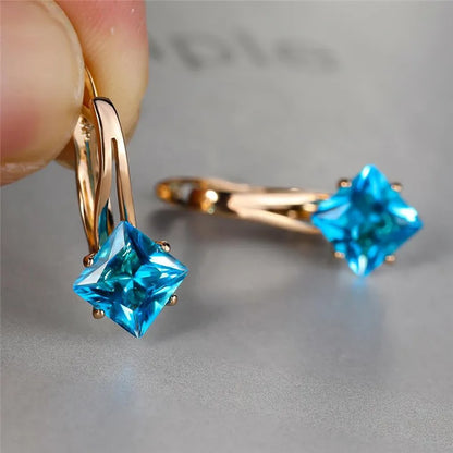 Cute Female Champagne Square Jewelry Luxury Crystal Zircon Stone Hoop Earring Rose Gold Color Wedding Earrings For Women
