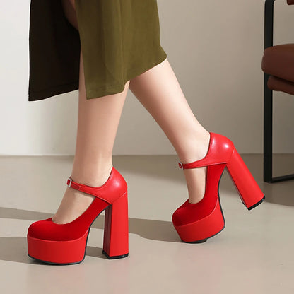 2024 Matte Flock Splice PU Shallow Mouth Hollow Breathable Waterproof Platform Ultra High Thick Heel Ankle Buckle Women's Pumps