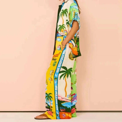 Long Sleeve Long Pant Sets Women  Retro Lapel Single Breasted Blouses Trousers 2 Piece Set Printed Color-blocking Elastic Waist