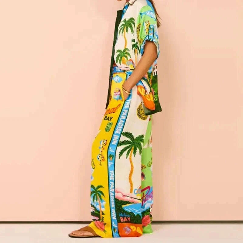Long Sleeve Long Pant Sets Women  Retro Lapel Single Breasted Blouses Trousers 2 Piece Set Printed Color-blocking Elastic Waist