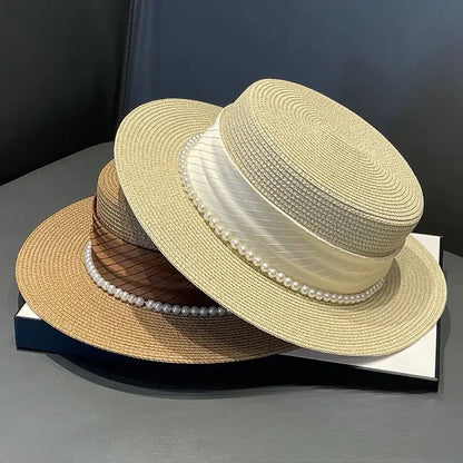 2025 Summer Elegant Pearl Chain Flat Sun Hats for Women Chapeau Feminino Straw Hat Panama Wide Brim Anti-UV Beach Cap...