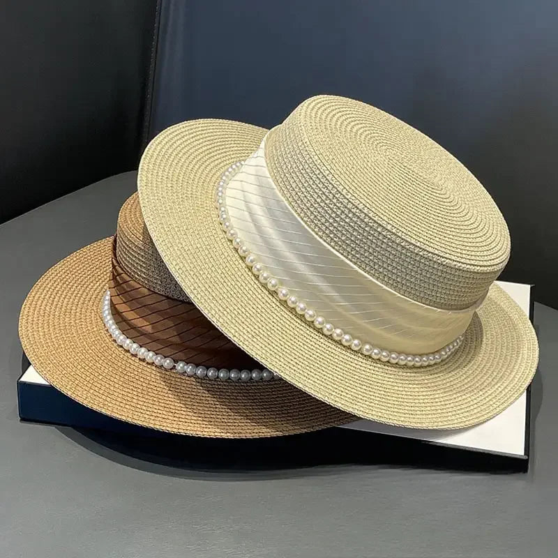 2025 Summer Elegant Pearl Chain Flat Sun Hats for Women Chapeau Feminino Straw Hat Panama Wide Brim Anti-UV Beach Cap...