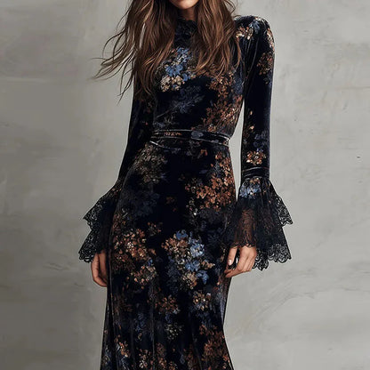 Retro New Floral Print Velvet Long Dresses Woman Sexy O Neck High Waist Evening Dress Autumn Long Sleeve Spliced Lace...