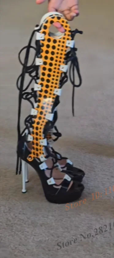 Strappy Polka Dot Thick Platform Thin High Heel Sandals Women Sexy Cross Tied Lace Up Mixed Colors Women Summer Knee...