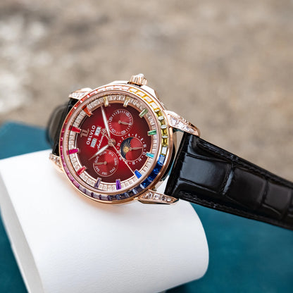 OBLVLO Men's Classic Watch with Colorful Diamonds Bezel Red Dial Mechanical Automatic Moonphase Multifunction Leather Strap GCM-MUT