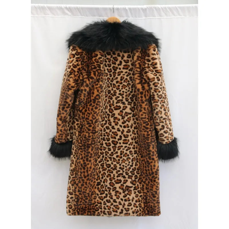 Women's Clothing Leopard Print Coat Long Coat Mink Fur Overcoat Fox Fur Fur Collar Winter Warm Windbreaker Loose Fit Plus Size