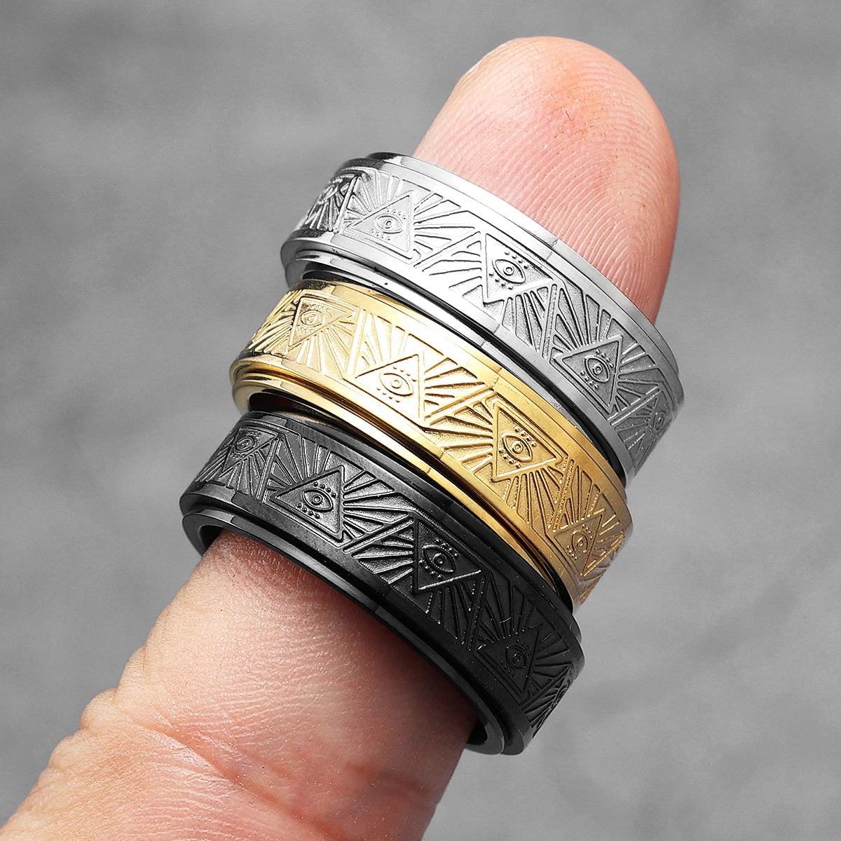 Illuminati Freemasonry Fidget Spinner Eye Stainless Steel Men Rings Punk Male Women Fashion Jewelry Creativity Gift Wholesale