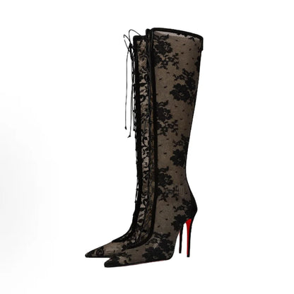 Women Lace Mesh Knee High Boots Pointed Thin Stiletto Heel Lace Up Sexy Evening Party Slim Tall Fashion High Heel Long Boots