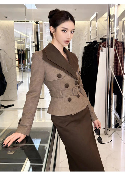 Women Elegant Brown Midi Dress Fake 2-Piece Wide Lapel High Waist Slim Pencil Robe Office Lady Business Formal Occasion...