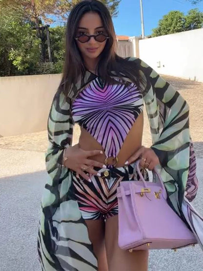 Butterfly Wing Print Jumpsuit Bodycon Skirt Sets Women Sexy Hollow Out Backless Irregular Long Sleeve Slim Jumpsuits...
