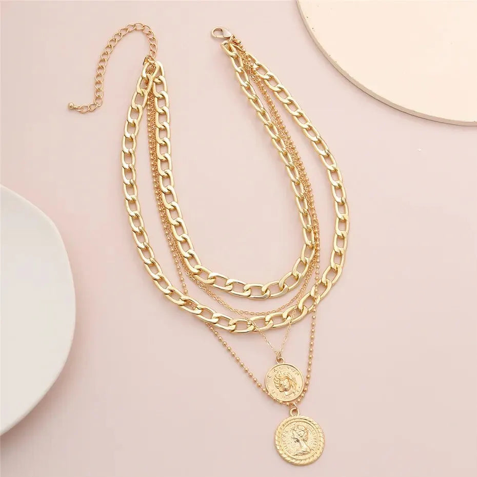 Hip Hop Trend Multilayer Round Pendant Necklace for Women Fashion Punk Gold Color Thick Chain Party Neck Jewelry Accessories New