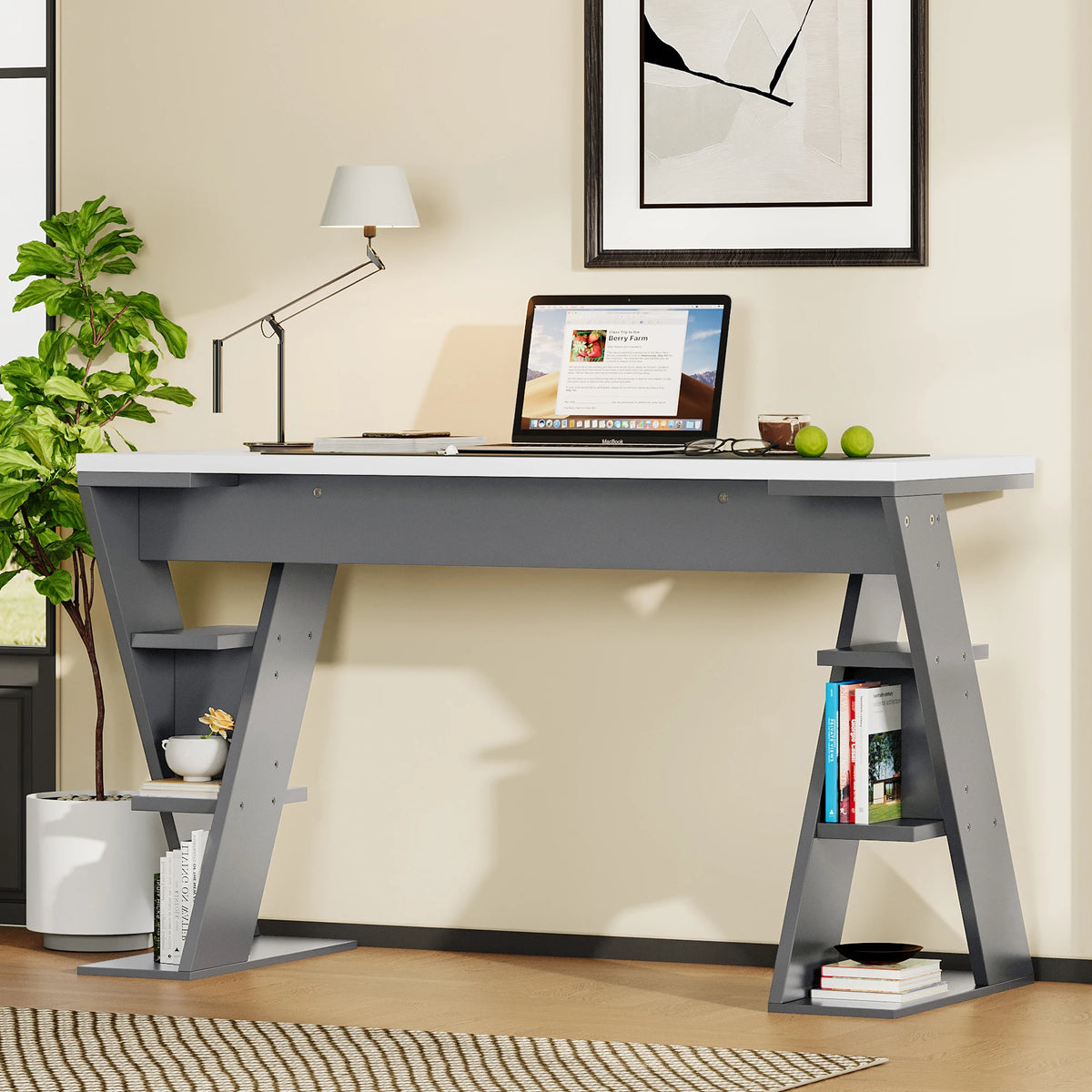 HOUSE SPOLE Computer table with X-shaped bracket, office table with 6 storage rack, Grey | Kimlud Office Luxury Table