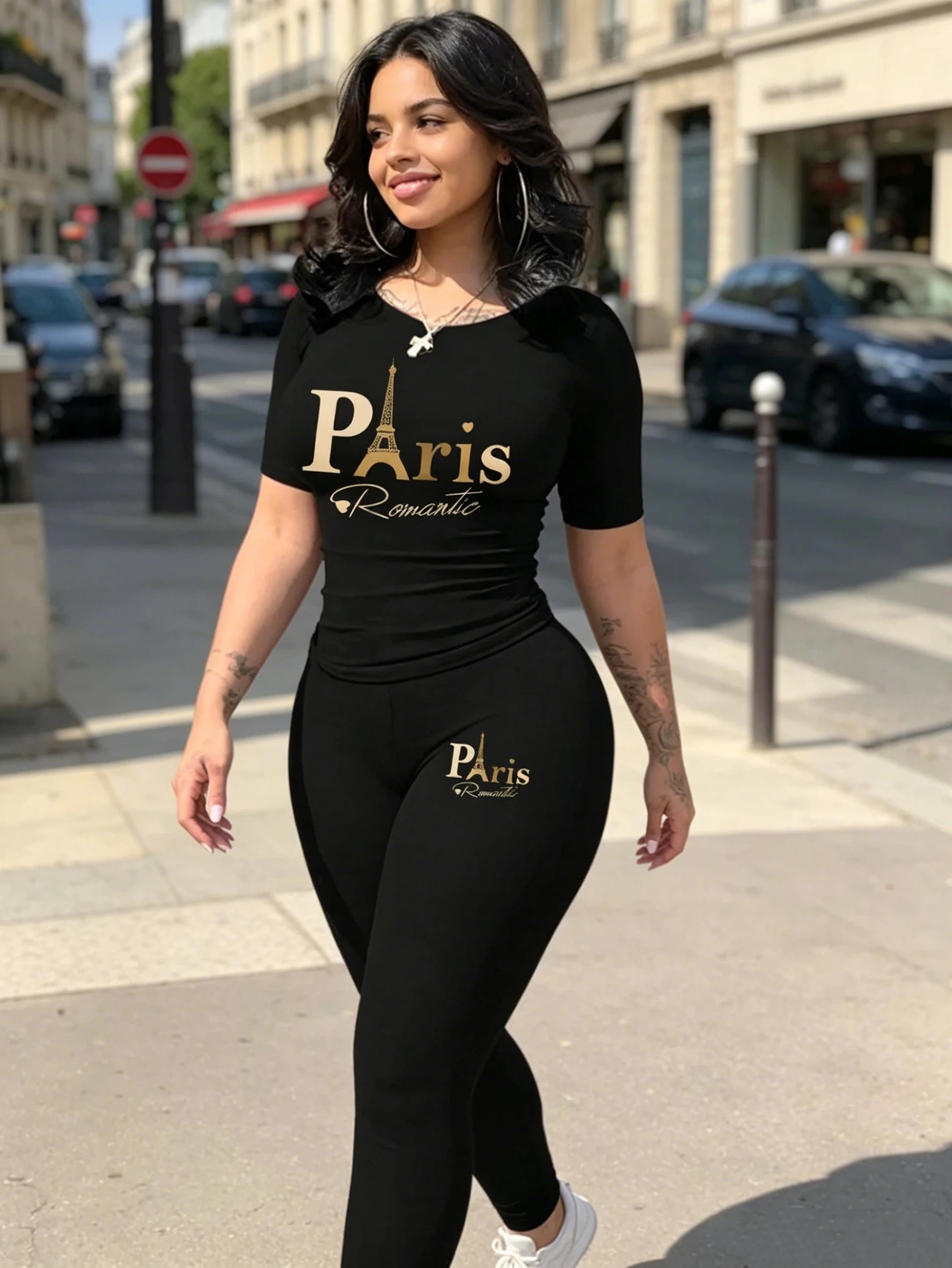 Women's Paris Printed Two-Piece Set Casual round Neck Short Sleeve T-Shirt And High Waist Tight Pants Long Pants Outfit...