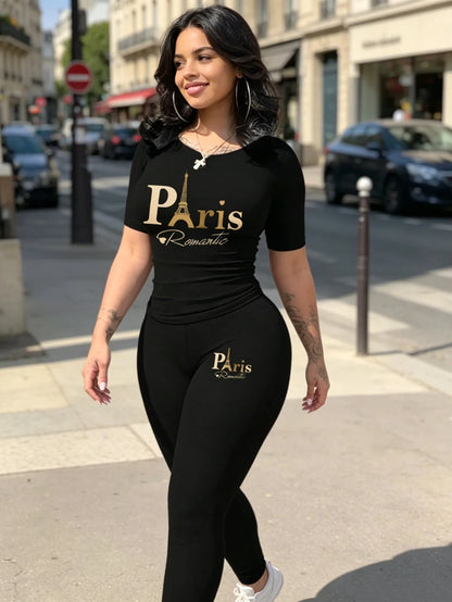 Women's Paris Printed Two-Piece Set Casual round Neck Short Sleeve T-Shirt And High Waist Tight Pants Long Pants Outfit...