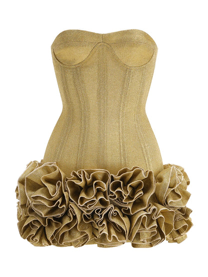 Stereoscopic Flowers Back Laceing Strapless Solid Bandage Mini Evening Dress Sweet Woman Birthday Party Patchwork Lace Up Dress