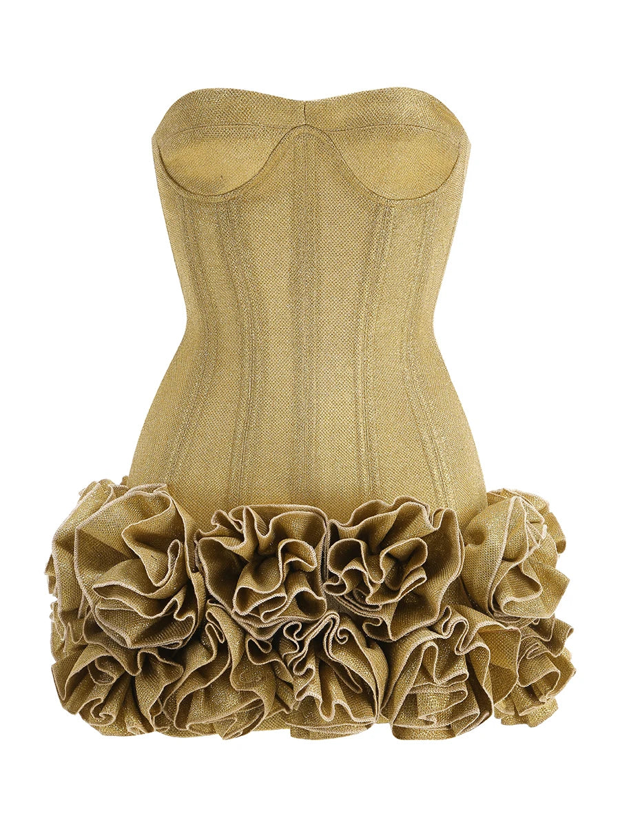 Stereoscopic Flowers Back Laceing Strapless Solid Bandage Mini Evening Dress Sweet Woman Birthday Party Patchwork Lace Up Dress