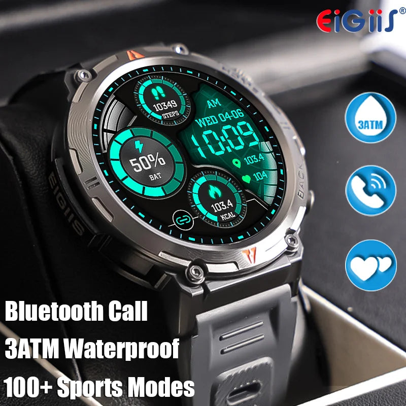 EIGIIS KE3 Smart Watch 3ATM Waterproof Original Design For Men Bluetooth Call Health Monitor With Flashlight 100+ Sports Modes