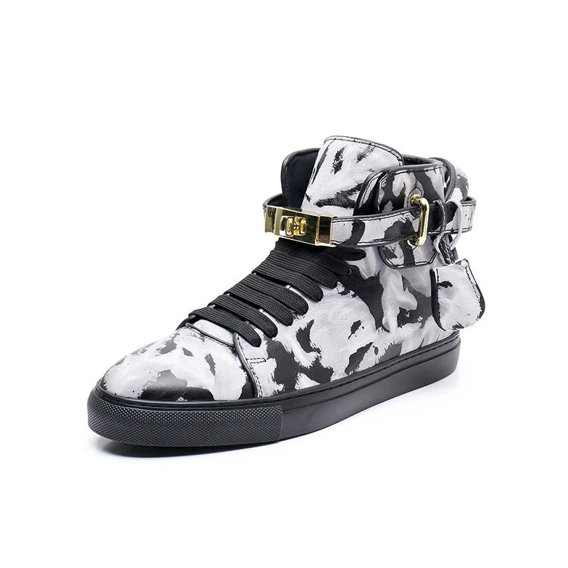 Luxury Designer Men Crocodile Pattern High Top Sneakers Glossy Patent Leather Gold Buckle Lace-up Casual Street Shoes Footwear