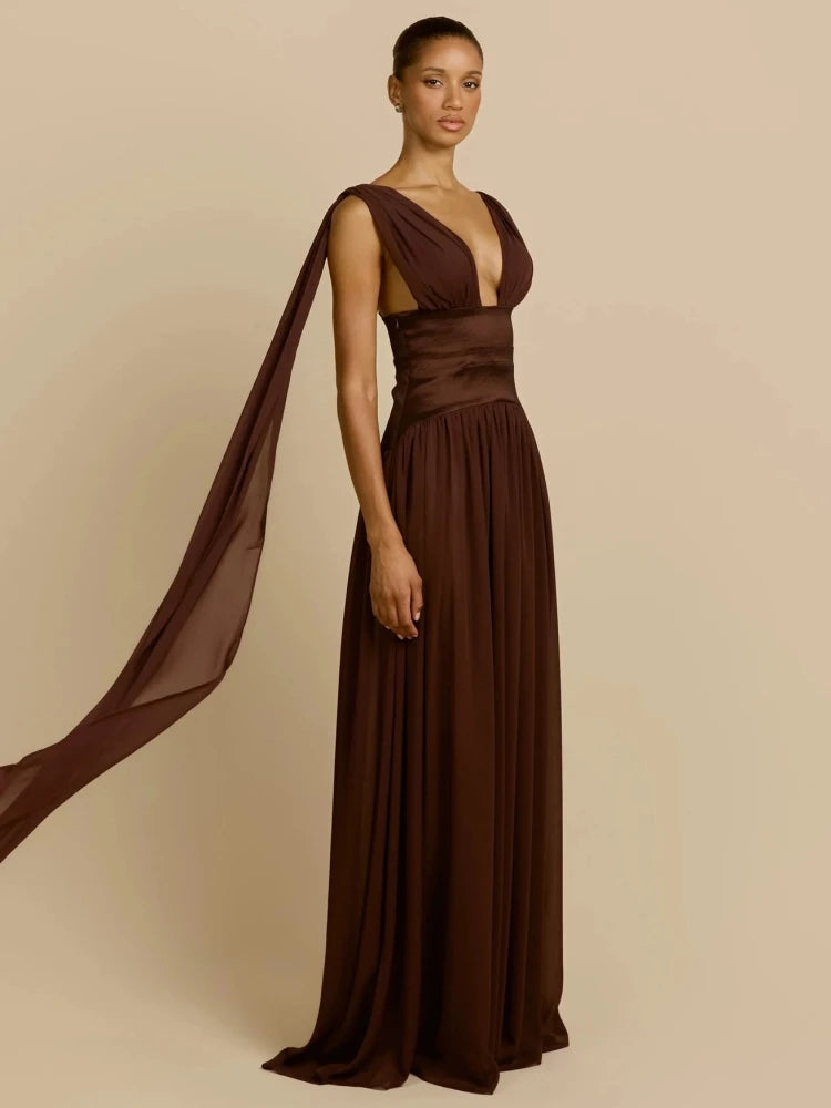 Sexy Deep V Neck Ruched Patchwork Long Dress Women Sleeveless Backless Draped A-line Dresses Celebrity Evening Party...
