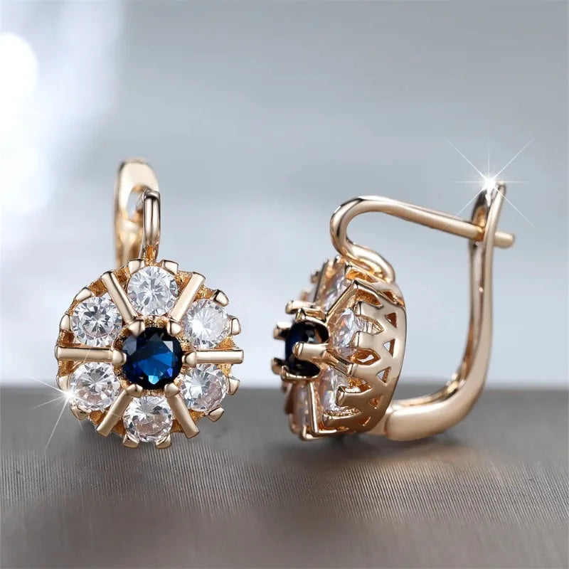 Fashion Blue Crystal White Zircon Flower Hoop Earrings for Women Vintage Gold Color Ear Buckle Wedding Jewelry...