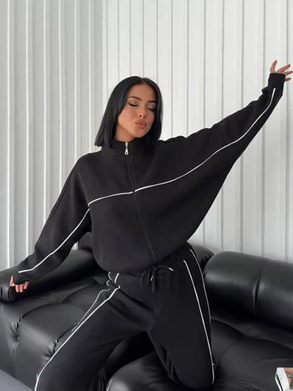 Zekye Women's Clothing Long-sleeved Semi-turtleneck Cardigan Sweater Strappy Striped Trousers Women's Suit Collection 2025 - Kimlud