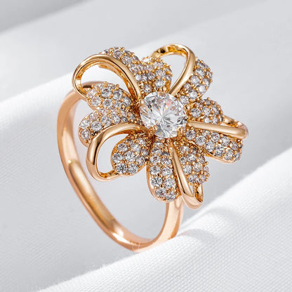 Kinel Hot 585 Rose Gold Color Big Crystal Flower Rings for Women Full Shiny Natural Zircon Accessories Modern Daily Fine Jewelry