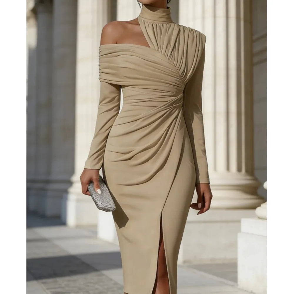 Sexy Off-shoulder Half-high Collar Long-sleeved Women's Hip-covering Banquet Dress Fashion Pleated Slimel Egant Female SlitDress - Kimlud