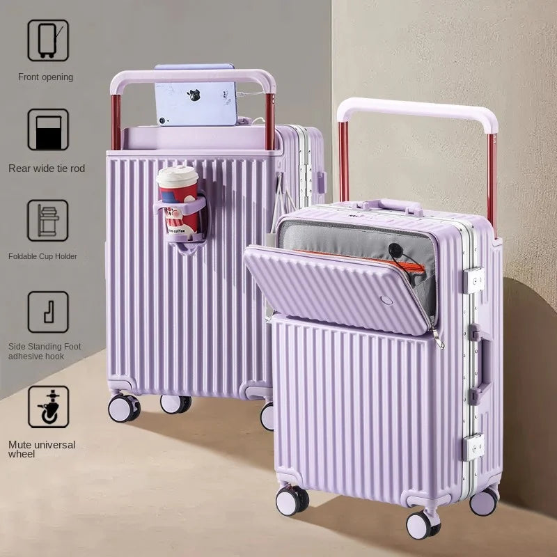 Aluminum Framed Front Open Suitcase Carry-on Bag Wide Handle Luggage Multifunctional 20/28-inch Impact Resistant Travel Bag