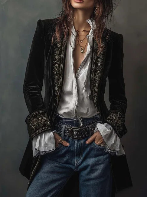 Retro Women's Jacket Loose Casual Temperament Fashion Printed Palace Style Jacket Long Sleeves Spliced gold Velvet Outerwears