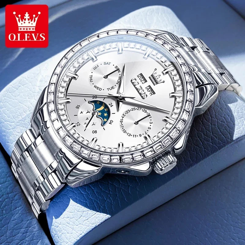 OLEVS 6695 NEW Men's Watches Full Multifunctional Dial Blue Leather Strap Calendar Week Moon Phase Waterproof Wristwatch...
