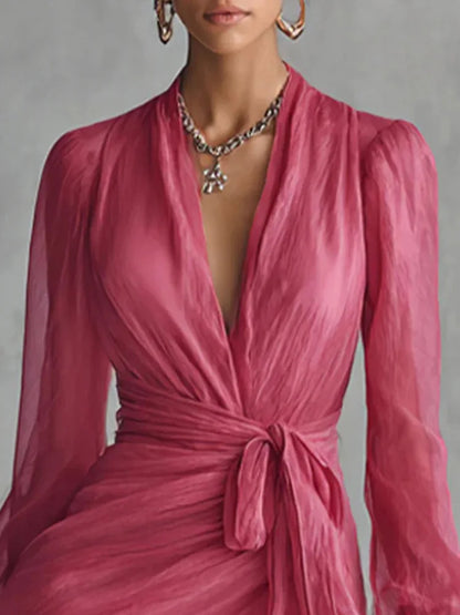 DFCF 2026 New Women Summer Fashion Solid Color V Neck Party Long Dresses Casual Elegant Long Sleeve Lace Up Split Maxi...