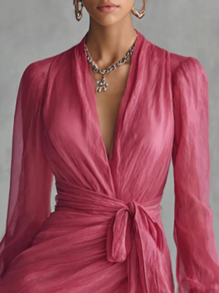DFCF 2026 New Women Summer Fashion Solid Color V Neck Party Long Dresses Casual Elegant Long Sleeve Lace Up Split Maxi...