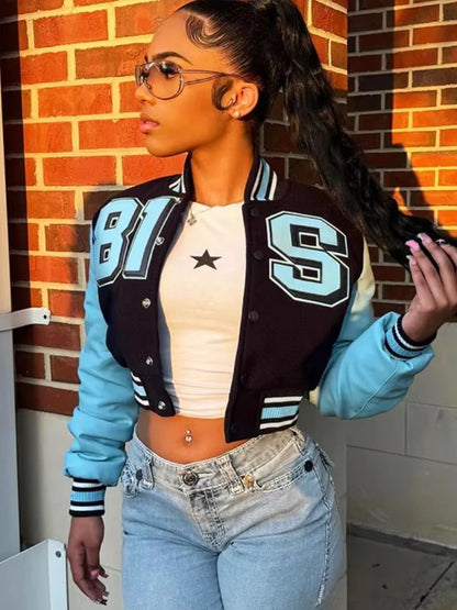 Nibber Sporty Jacket Woman Contrast Patchwork Baseball Autumn Trend Letter Print Single-Breasted Full Sleeve Casual Style Coats